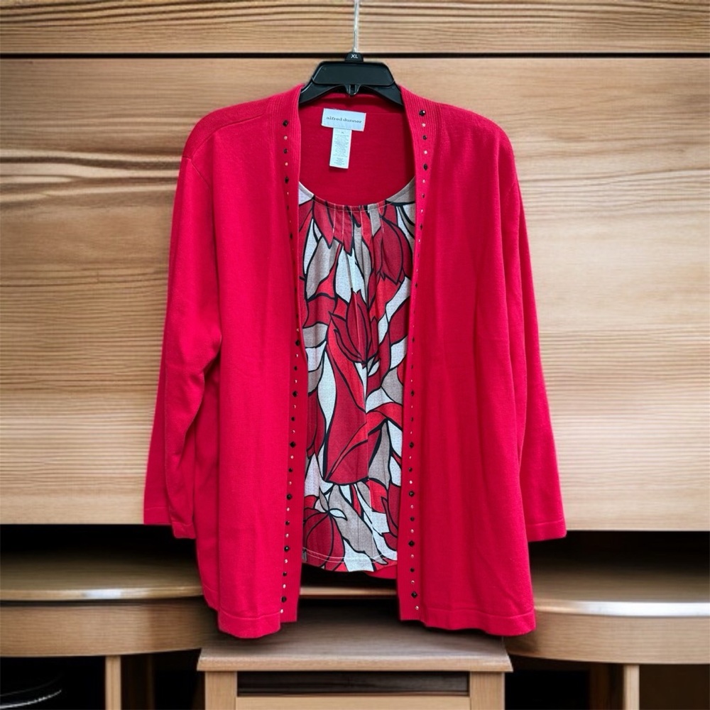 Red Cardigan with Patterned Top